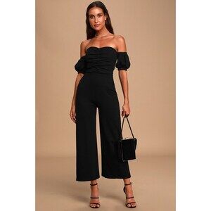 Lulus Impress Release Black Off-the-shoulder Puff Sleeve Jumpsuit - Size XS